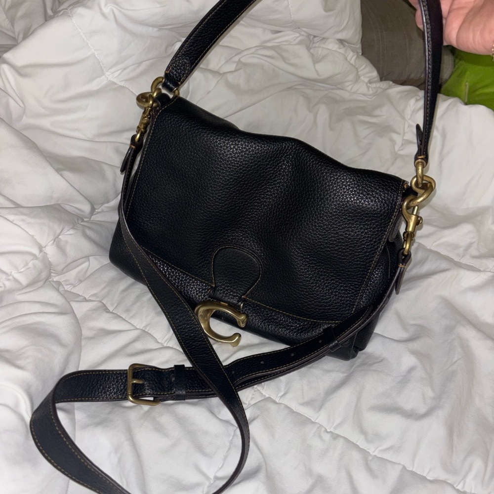 Coach Black Pebble Leather Suede Shoulder Bag